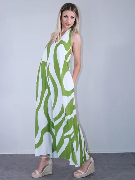 Φόρεμα maxi εμπριμέ λαδί με ανοιχτή πλάτη 