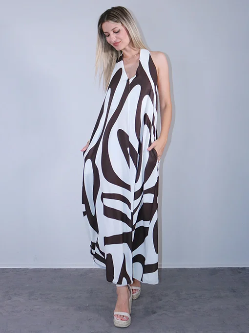 Φόρεμα maxi εμπριμέ καφέ με ανοιχτή πλάτη