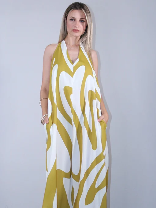 Φόρεμα maxi εμπριμέ μουσταρδί με ανοιχτή πλάτη 