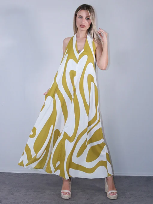 Φόρεμα maxi εμπριμέ μουσταρδί με ανοιχτή πλάτη 