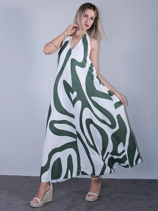 Φόρεμα maxi εμπριμέ χακί με ανοιχτή πλάτη 