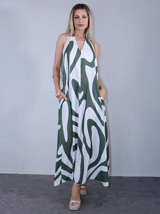 Φόρεμα maxi εμπριμέ χακί με ανοιχτή πλάτη 