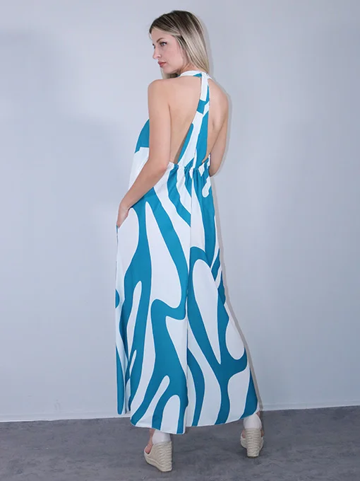 Φόρεμα maxi εμπριμέ πετρόλ με ανοιχτή πλάτη 