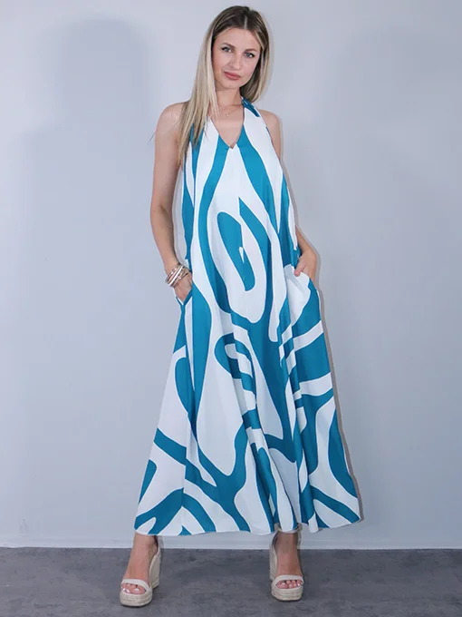 Φόρεμα maxi εμπριμέ πετρόλ με ανοιχτή πλάτη 