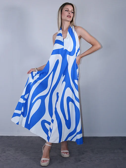 Φόρεμα maxi εμπριμέ μπλε με ανοιχτή πλάτη 