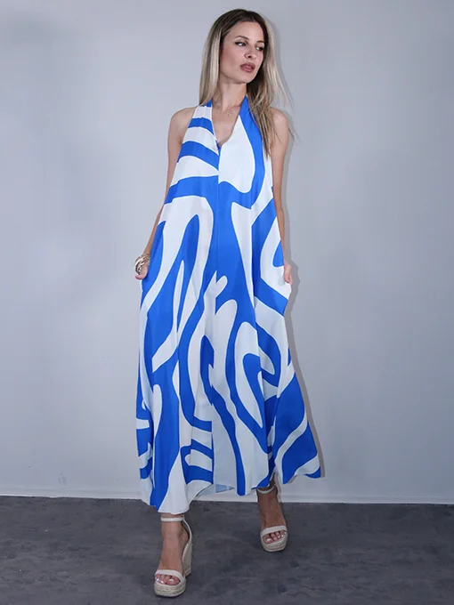 Φόρεμα maxi εμπριμέ μπλε με ανοιχτή πλάτη 