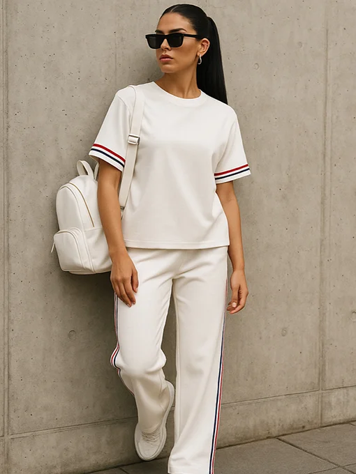 Σετ φούτερ εκρού με ρίγα κόκκινη στο πλάι