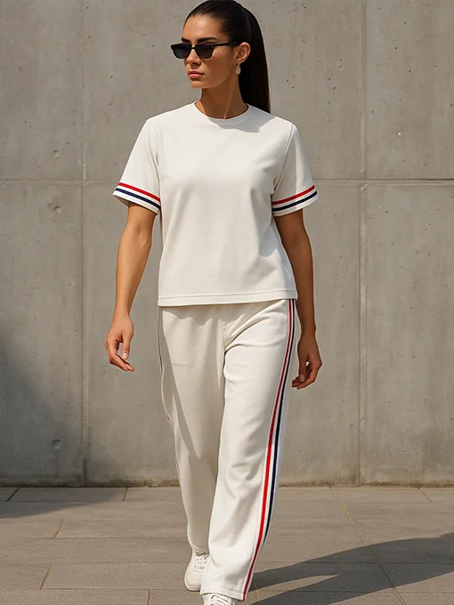 Σετ φούτερ εκρού με ρίγα κόκκινη στο πλάι