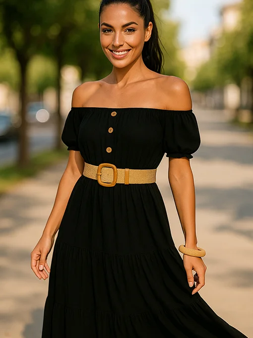Φόρεμα boho μαύρο σε φαρδιά γραμμή