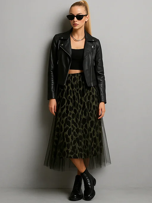 Midi φούστα χακί τούλι animal print