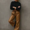 Παντελόνα δερματίνη κάμελ wide leg