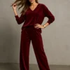 Βελούδινο σετ μπορντό μπλούζα φαρδιά με παντελόνα