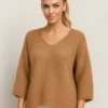 Πλεκτή μπλούζα κάμελ με μανίκια νυχτερίδα 3/4 