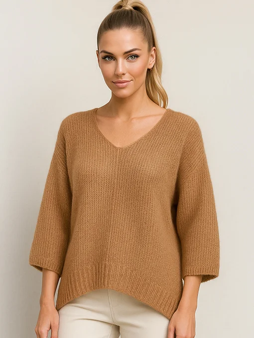 Πλεκτή μπλούζα κάμελ με μανίκια νυχτερίδα 3/4 