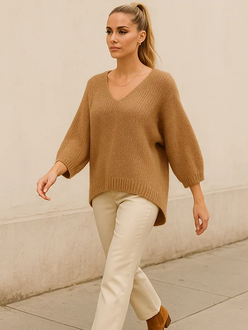 Πλεκτή μπλούζα κάμελ με μανίκια νυχτερίδα 3/4 