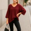 Πλεκτή μπλούζα μπορντό με μανίκια νυχτερίδα 3/4 