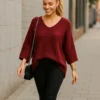 Πλεκτή μπλούζα μπορντό με μανίκια νυχτερίδα 3/4 