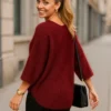 Πλεκτή μπλούζα μπορντό με μανίκια νυχτερίδα 3/4 