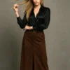 Φούστα alcantara καφέ με ζώνη