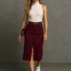 Φούστα alcantara μπορντό με ζώνη