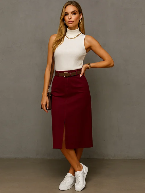 Φούστα alcantara μπορντό με ζώνη