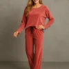 Σετ βελούδο κοραλί μπλούζα μακριά και παντελόνα
