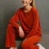 Σετ βελούδο πορτοκαλί μπλούζα μακριά και παντελόνα