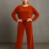 Σετ βελούδο πορτοκαλί μπλούζα μακριά και παντελόνα