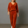 Βελούδινο σετ πορτοκαλί μπλούζα φαρδιά με παντελόνα