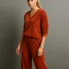 Βελούδινο σετ πορτοκαλί μπλούζα φαρδιά με παντελόνα