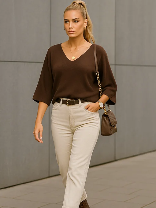 Μπλούζα πλεκτή με v καφέ με μανίκια νυχτερίδα