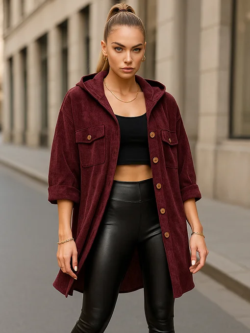 Πουκαμίσα κοτλέ βελουτέ μπορντό με κουκούλα