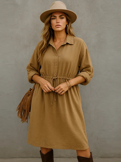 Φόρεμα oversize κάμελ κοτλέ με ζωνάκι