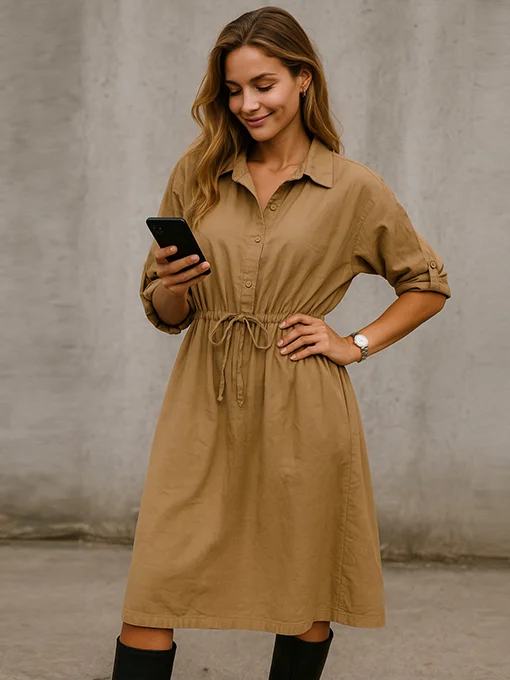 Φόρεμα oversize κάμελ κοτλέ με ζωνάκι