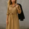 Φόρεμα oversize κάμελ κοτλέ με ζωνάκι