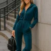 Βελούδινο Jumpsuit πετρόλ με κουκούλα και τσέπες