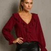 Μπλούζα μπορντό με βολάν και χρυσές πιτσιλιές