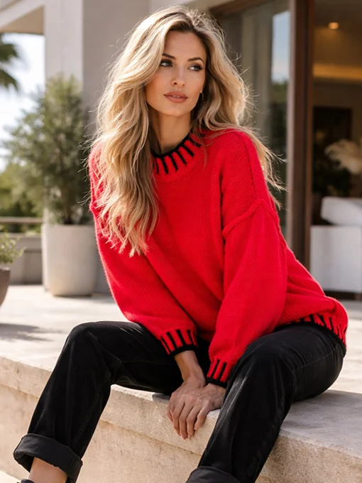 Μπλούζα πλεκτή φαρδιά κόκκινη με πλεκτά σχέδια 