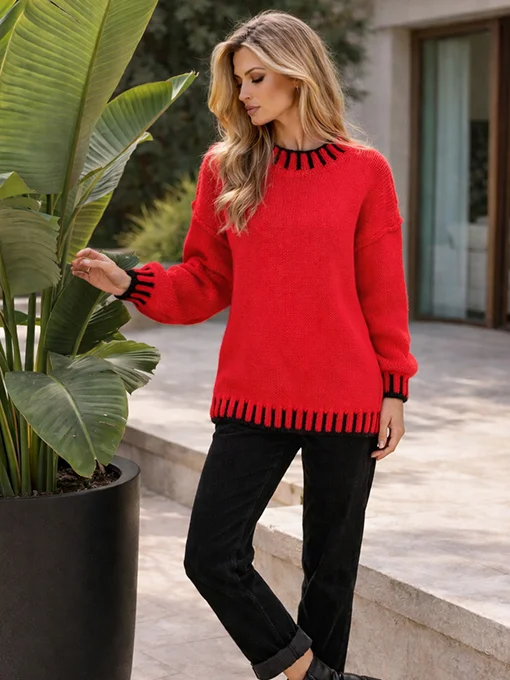 Μπλούζα πλεκτή φαρδιά κόκκινη με πλεκτά σχέδια 