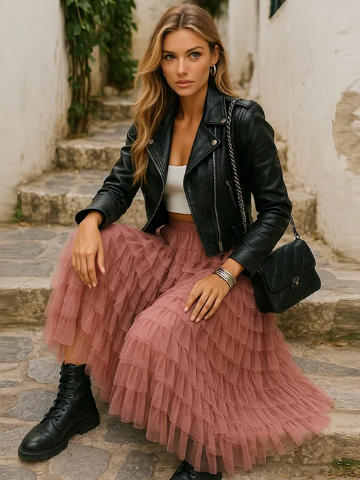 Τούλινη φούστα ροζ με πολυεπίπεδα βολάν