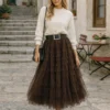 Τούλινη φούστα καφέ με πολυεπίπεδα βολάν