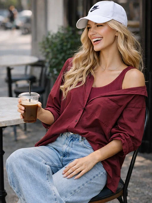 Oversize πουκάμισο μπορντό με ενσωματωμένο μπλουζάκι