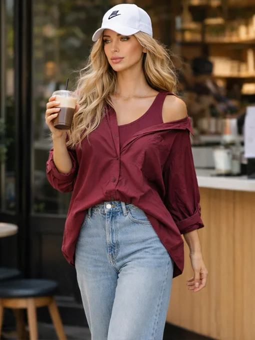 Oversize πουκάμισο μπορντό με ενσωματωμένο μπλουζάκι