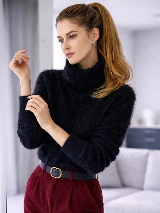 Πλεκτή μπλούζα fluffy μαύρη με ζιβάγκο