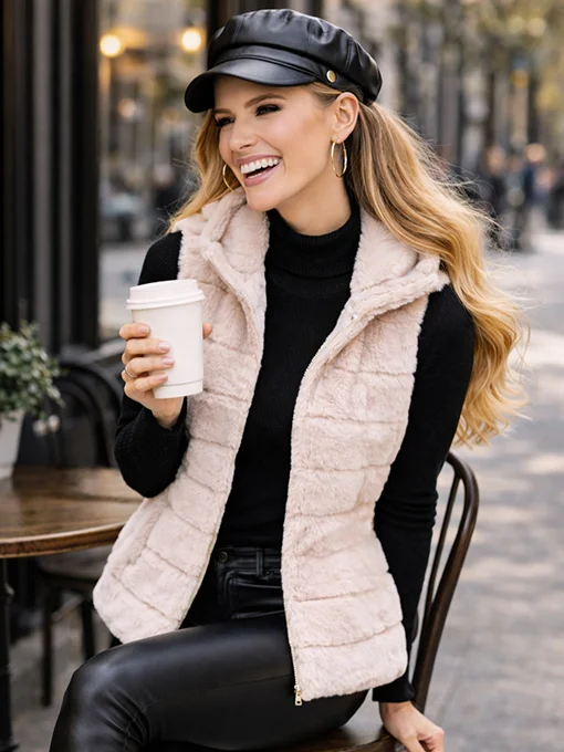 Αμάνικη γούνα μπεζ με κουκούλα και τσέπες