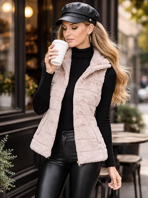 Αμάνικη γούνα μπεζ με κουκούλα και τσέπες