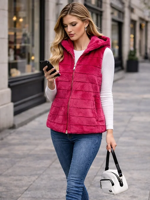 Αμάνικη γούνα φούξια με κουκούλα και τσέπες