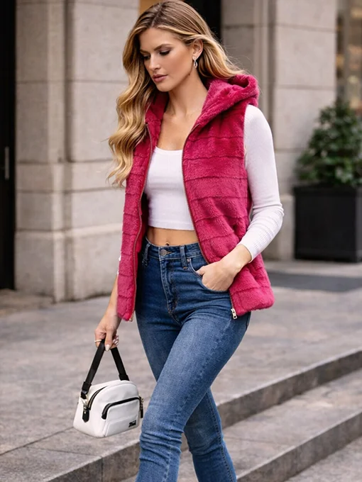 Αμάνικη γούνα φούξια με κουκούλα και τσέπες