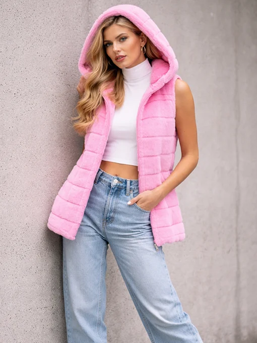 Αμάνικη γούνα ροζ με κουκούλα και τσέπες