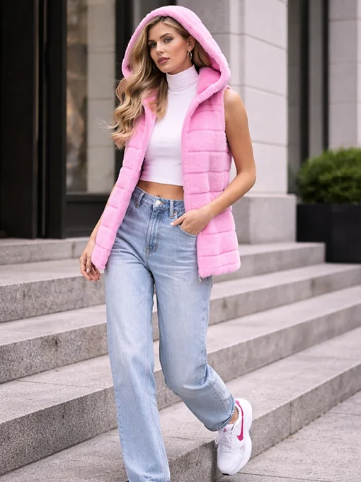 Αμάνικη γούνα ροζ με κουκούλα και τσέπες